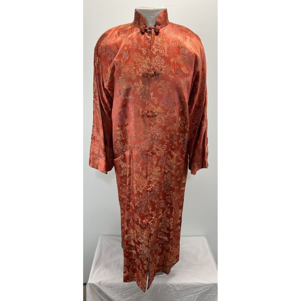 Vtg Japanese Brocade Robe Duster Jacket L Orange Frog Closures Lined